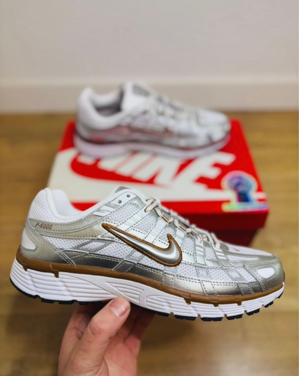 Nike P6000 White Metallic Silver Brown